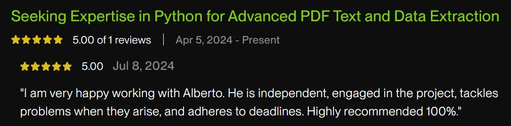 Captura de la valoración de Upwork review 1: PDF Scraping with Python